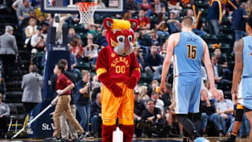 INDIANAPOLIS, IN - MARCH 24: Indiana Pacers mascot Boomer performs during a game against the Denver Nuggets at Bankers Life Fieldhouse on March 24, 2017 in Indianapolis, Indiana. The Nuggets defeated the Pacers 125-117. NOTE TO USER: User expressly acknowledges and agrees that, by downloading and or using the photograph, User is consenting to the terms and conditions of the Getty Images License Agreement. (Photo by Joe Robbins/Getty Images) *** Local Caption ***