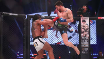 Sep 23, 2017; San Jose, CA, USA; Patricky Pitbull (blue gloves) fights Benson Henderson (red gloves) during Bellator 183 at SAP Center. Mandatory Credit: Dave Mandel-USA TODAY Sports