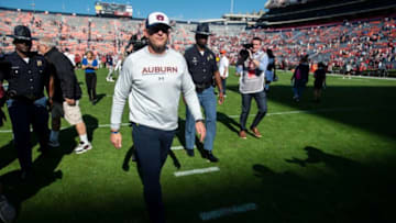 Auburn football head coach Bryan Harsin walks off the field after the game as the Auburn Tigers take on Arkansas Razorbacks at Jordan-Hare Stadium in Auburn, Ala., on Saturday, Oct. 29, 2022. Arkansas Razorbacks defeated Auburn Tigers 41-27.
