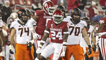 Oklahoma Sooners linebacker Brian Asamoah (24) reacts during the second half against the Oklahoma State Cowboys. Mandatory Credit: Kevin Jairaj-USA TODAY Sports