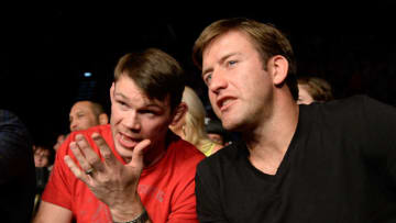 LAS VEGAS, NEVADA - NOVEMBER 16: UFC Hall of Famers Forrest Griffin (L) and Stephen Bonnar attend the UFC 167 event at the MGM Grand Garden Arena on November 16, 2013 in Las Vegas, Nevada. (Photo by Jeff Bottari/Zuffa LLC/Zuffa LLC via Getty Images)