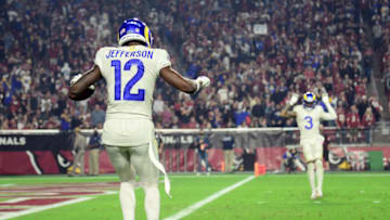 Dec 13, 2021; Glendale, Arizona, USA; Los Angeles Rams wide receiver Van Jefferson (12) celebrates his touchdown against the Arizona Cardinals with wide receiver Odell Beckham Jr. (3) during the second half at State Farm Stadium. Mandatory Credit: Joe Camporeale-USA TODAY Sports