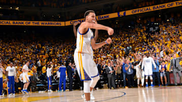 OAKLAND, CA - JUNE 14: Stephen Curry #30 of the Golden State Warriors celebrates during a game against the Cleveland Cavaliers in Game Five of the 2015 NBA Finals on June 14, 2015 at Oracle Arena in Oakland, California. NOTE TO USER: User expressly acknowledges and agrees that, by downloading and or using this photograph, user is consenting to the terms and conditions of Getty Images License Agreement. Mandatory Copyright Notice: Copyright 2015 NBAE (Photo by Jesse D. Garrabrant/NBAE via Getty Images)