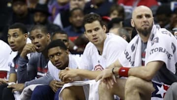 Nov 10, 2015; Washington, DC, USA; Washington Wizards guard Bradley Beal (M) looks on while sitting on the bench against the Oklahoma City Thunder in the third quarter at Verizon Center. The Thunder won 125-101. Mandatory Credit: Geoff Burke-USA TODAY Sports