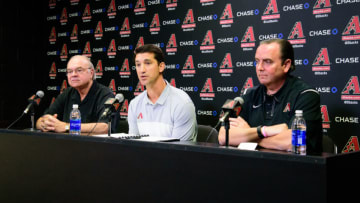 PHOENIX, AZ - OCTOBER 17: Ken Kendrick, Mike Hazen, and Derrick Hall of the Arizona Diamondbacks address the media during a press conference in regards to appointing Mike Hazen the new General Manager on October 17, 2016 in Phoenix, Arizona. (Photo by Sarah Sachs/Arizona Diamondbacks/Getty Images)