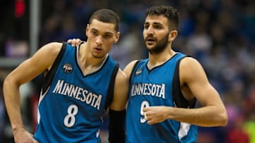 Feb 20, 2016; Minneapolis, MN, USA; Minnesota Timberwolves guard Zach LaVine (8) and guard Ricky Rubio (9) against the New York Knicks at Target Center. The Knicks defeated the Timberwolves 103-95. Mandatory Credit: Brace Hemmelgarn-USA TODAY Sports