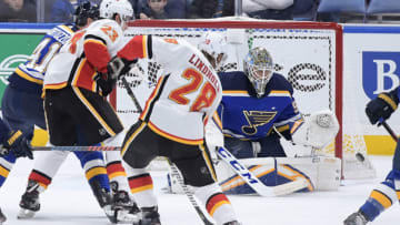 ST. LOUIS, MO - DECEMBER 16: Jordan Binnington #50 of the St. Louis Blues defends the net against the Calgary Flames at Enterprise Center on December 16, 2018 in St. Louis, Missouri. (Photo by Scott Rovak/NHLI via Getty Images)