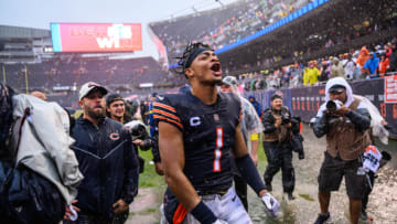 Sep 11, 2022; Chicago, Illinois, USA; Chicago Bears quarterback Justin Fields (1) celebrates after a win against the San Francisco 49ers at Soldier Field. Mandatory Credit: Daniel Bartel-USA TODAY Sports