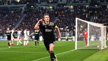 TURIN, ITALY - APRIL 16: Matthijs de Ligt of Ajax celebrates after scoring his team's second goal during the UEFA Champions League Quarter Final second leg match between Juventus and Ajax at Allianz Stadium on April 16, 2019 in Turin, Italy. (Photo by Michael Steele/Getty Images)