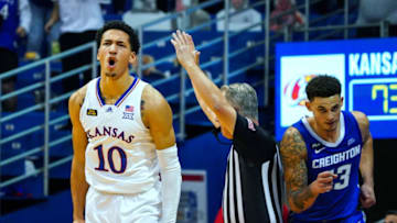 Kansas basketball forward Jalen Wilson (10) celebrates after scoring against the Creighton Bluejays. Mandatory Credit: Jay Biggerstaff-USA TODAY Sports