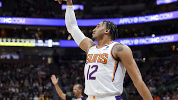 Jan 26, 2022; Salt Lake City, Utah, USA; Phoenix Suns forward Ish Wainright (12) watches the ball go into the basket against the Utah Jazz during the third quarter at Vivint Arena. Phoenix Suns won 105-97. Mandatory Credit: Chris Nicoll-USA TODAY Sports