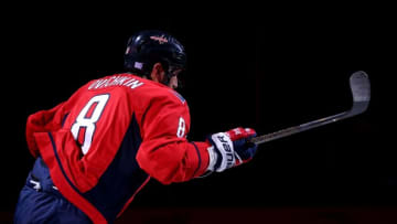 Nov 5, 2016; Washington, DC, USA; Washington Capitals left wing Alex Ovechkin (8) takes to the ice against the Florida Panthers prior to the second period at Verizon Center. The Capitals won 4-2. Mandatory Credit: Geoff Burke-USA TODAY Sports
