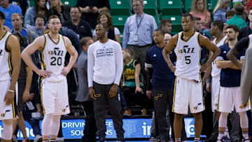 Apr 11, 2016; Salt Lake City, UT, USA; Utah Jazz forward Gordon Hayward (20) and guard Rodney Hood (5) and teammates during a timeout late in the second half against the Dallas Mavericks at Vivint Smart Home Arena. Dallas won 101-92. Mandatory Credit: Russ Isabella-USA TODAY Sports