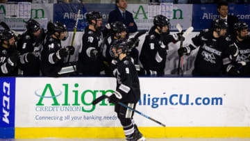 LOWELL, MA - DECEMBER 7: Patrick Moynihan #9 of the Providence College Friars celebrates his goal against the Massachusetts Lowell River Hawks during NCAA men's hockey at the Tsongas Center on December 7, 2019 in Lowell, Massachusetts. The Friars won 4-1. (Photo by Richard T Gagnon/Getty Images)