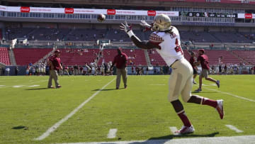 Sep 24, 2016; Tampa, FL, USA; Florida State Seminoles running back Dalvin Cook (4) catches a pass during warm ups prior to a game against the South Florida Bulls at Raymond James Stadium. Mandatory Credit: Logan Bowles-USA TODAY Sports