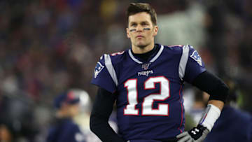 FOXBOROUGH, MASSACHUSETTS - JANUARY 04: Tom Brady #12 of the New England Patriots looks on during the the AFC Wild Card Playoff game against the Tennessee Titans at Gillette Stadium on January 04, 2020 in Foxborough, Massachusetts. (Photo by Maddie Meyer/Getty Images)