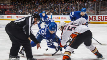 TORONTO, ON - FEBRUARY 05: William Nylander #29 of the Toronto Maple Leafs takes a face off against Antoine Vermette #50 of the Anaheim Ducks during the second period at the Air Canada Centre on February 5, 2018 in Toronto, Ontario, Canada. (Photo by Mark Blinch/NHLI via Getty Images)