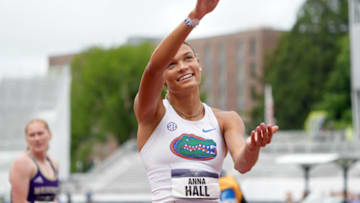 Jun 11, 2022; Eugene, OR, USA; Anna Hall of Florida celebrates after winning the heptathlon with 6,385 points during the NCAA Track and Field Championships at Hayward Field. Mandatory Credit: Kirby Lee-USA TODAY Sports