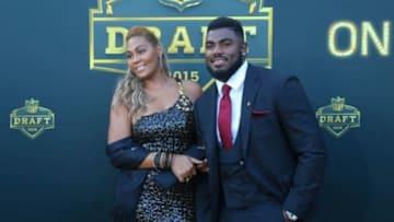 Apr 30, 2015; Chicago, IL, USA; Landon Collins (Alabama) and April Justin arrive on the gold carpet before the first round of the 2015 NFL Draft at the Auditorium Theatre of Roosevelt University. Mandatory Credit: Dennis Wierzbicki-USA TODAY Sports