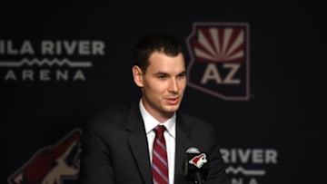 PHOENIX, AZ - MAY 05: John Chayka of the Arizona Coyotes addresses the media during a press conference introducing him as the new general manager for the team at Gila River Arena on May 05, 2016 in Phoenix, Arizona. (Photo by Norm Hall/NHLI via Getty Images)