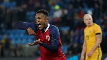 Norway's forward Ola Kamara (L) celebreates after scoring during the international friendly football match of Norway vs Australia in Oslo, Norway, on March 23, 2018, in preparation of the 2018 Fifa World Cup. / AFP PHOTO / NTB SCANPIX / Cornelius Poppe / Norway OUT (Photo credit should read CORNELIUS POPPE/AFP/Getty Images)