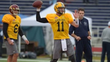 Jan 26, 2016; Mobile, AL, USA; North squad quarterback Carson Wentz of North Dakota State (11) throws a pass during Senior Bowl practice at Ladd-Peebles Stadium. Mandatory Credit: Glenn Andrews-USA TODAY Sports