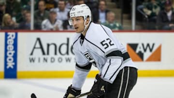 Mar 22, 2016; Saint Paul, MN, USA; Los Angeles Kings defenseman Luke Schenn (52) between the Los Angeles Kings and Minnesota Wild at Xcel Energy Center. The Wild defeated the Kings 2-1. Mandatory Credit: Brace Hemmelgarn-USA TODAY Sports