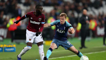 LONDON, ENGLAND - OCTOBER 31: Arthur Masuaku of West Ham United battles for possession with Oliver Skipp of Tottenham Hotspur during the Carabao Cup Fourth Round match between West Ham United and Tottenham Hotspur at London Stadium on October 31, 2018 in London, England. (Photo by Catherine Ivill/Getty Images)