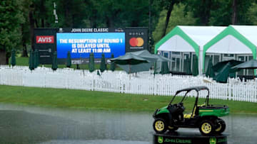 SILVIS, IL - AUGUST 12: A view of the 18th hole as rain delays the start of the continuation of the first round of the John Deere Classic at TPC Deere Run on August 12, 2016 in Silvis, Illinois. (Photo by Michael Cohen/Getty Images)