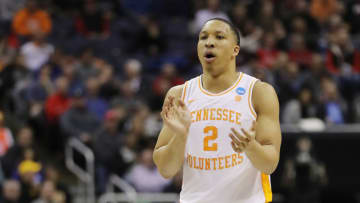 COLUMBUS, OHIO - MARCH 22: Grant Williams #2 of the Tennessee Volunteers reacts during the first half against the Colgate Raiders in the first round of the 2019 NCAA Men's Basketball Tournament at Nationwide Arena on March 22, 2019 in Columbus, Ohio. (Photo by Elsa/Getty Images)