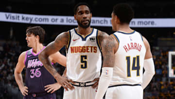 DENVER, CO - MARCH 12: Will Barton #5 and Gary Harris #14 of the Denver Nuggets talk during the game against the Minnesota Timberwolves on March 12, 2019 at the Pepsi Center in Denver, Colorado. NOTE TO USER: User expressly acknowledges and agrees that, by downloading and/or using this photograph, user is consenting to the terms and conditions of the Getty Images License Agreement. Mandatory Copyright Notice: Copyright 2019 NBAE (Photo by Bart Young/NBAE via Getty Images)