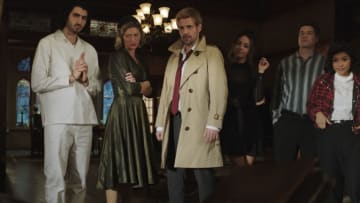 Legends of Tomorrow -- "Bishop's Gambit" -- Image Number: LGN606fg_0032r.jpg -- Pictured (L-R): Shayan Sobhian as Behrad Tarazi, Jes Macallan as Ava Sharpe, Matt Ryan as John Constantine, Tala Ashe as Zari Tarazi, Nick Zano as Nate Heywood/Steel and Lisseth Chavez as Esperanza "Spooner" -- Photo: The CW -- © 2021 The CW Network, LLC. All Rights Reserved.