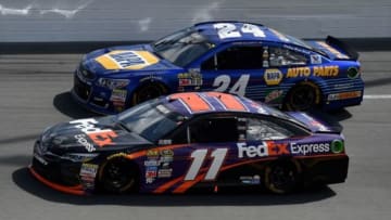 Feb 21, 2016; Daytona Beach, FL, USA; NASCAR Sprint Cup Series driver Denny Hamlin (11) and Chase Elliott (24) race during the Daytona 500 at Daytona International Speedway. Mandatory Credit: Jasen Vinlove-USA TODAY Sports
