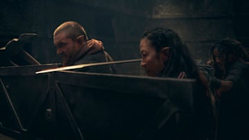Fjall (Laurence O'Fuarain), Éile (Sophia Brown), and Scian (Michelle Yeoh) in The Witcher: Blood Origins. Image courtesy Susie Allnutt/Netflix. © 2022 Netflix, Inc.