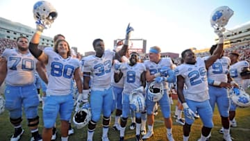 Oct 1, 2016; Tallahassee, FL, USA; North Carolina Tarheels players celebrate after the win against the Florida State Seminoles at Doak Campbell Stadium. Mandatory Credit: Melina Vastola-USA TODAY Sports