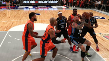 BROOKLYN, NY - AUGUST 24: Chris Andersen #11 of Power handles the ball against Dahntay Jones #30 of 3's Company during the BIG3 Championship at the Barclays Center on August 24, 2018 in Brooklyn, New York. (Photo by Al Bello/BIG3/Getty Images)