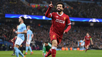 MANCHESTER, ENGLAND - APRIL 10: Mohamed Salah of Liverpool celebrates scoring the first goal during the Quarter Final Second Leg match between Manchester City and Liverpool at Etihad Stadium on April 10, 2018 in Manchester, England. (Photo by Laurence Griffiths/Getty Images,)
