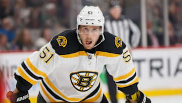 Nov 17, 2016; Saint Paul, MN, USA; Boston Bruins forward Ryan Spooner (51) waits for the faceoff in the first period against the Minnesota Wild at Xcel Energy Center. Mandatory Credit: Brad Rempel-USA TODAY Sports