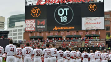 Apr 13, 2015; St. Louis, MO, USA; St. Louis Cardinals teammates watch a tribute video to memorialize former Cardinal Oscar Taveras before the game against the Milwaukee Brewers at Busch Stadium. Mandatory Credit: Jasen Vinlove-USA TODAY Sports