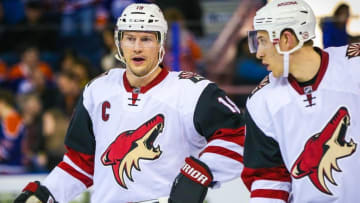 Mar 12, 2016; Edmonton, Alberta, CAN; Arizona Coyotes right wing Shane Doan (19) during the face off against the Edmonton Oilers during the second period at Rexall Place. Arizona Coyotes won 4-0. Mandatory Credit: Sergei Belski-USA TODAY Sports