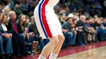 Jan 17, 2015; Auburn Hills, MI, USA; Detroit Pistons forward Kyle Singler (25) shoots during the first quarter against the Philadelphia 76ers at The Palace of Auburn Hills. Mandatory Credit: Tim Fuller-USA TODAY Sports