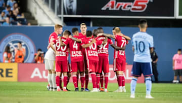 BRONX, NY - AUGUST 22: Members of the New York Red Bulls at the start of the 2nd half during the Major League Soccer New York Derby match between New York City FC and New York Red Bulls at Yankee Stadium on August 22, 2018 in the Bronx borough of New York. The game ended in a tie of 1 to 1. (Photo by Ira L. Black/Corbis via Getty Images)