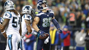 Dec 4, 2016; Seattle, WA, USA; Seattle Seahawks tight end Jimmy Graham (88) reacts after making a reception for a first down against the Carolina Panthers during the first quarter at CenturyLink Field. Mandatory Credit: Joe Nicholson-USA TODAY Sports