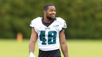 PHILADELPHIA, PA - AUGUST 04: Josiah Scott #46 of the Philadelphia Eagles looks on during training camp at the NovaCare Complex on August 4, 2021 in Philadelphia, Pennsylvania. (Photo by Mitchell Leff/Getty Images)