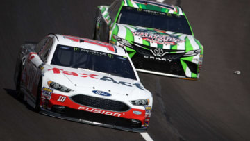 FORT WORTH, TX - APRIL 07: Danica Patrick, driver of the #10 TaxAct Ford, and Kyle Busch, driver of the #18 Interstate Batteries Toyota, practice for the Monster Energy NASCAR Cup Series O'Reilly Auto Parts 500 at Texas Motor Speedway on April 7, 2017 in Fort Worth, Texas. (Photo by Chris Graythen/Getty Images)
