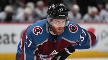 DENVER, CO - MAY 02:J.T. Compher #37 of the Colorado Avalanche waits for a face off against the San Jose Sharks in Game Four of the Western Conference Second Round during the 2019 NHL Stanley Cup Playoffs at the Pepsi Center on May 2, 2019 in Denver, Colorado.(Photo by Michael Martin/NHLI via Getty Images)
