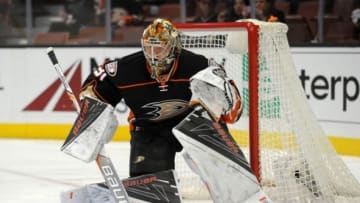 February 5, 2016; Anaheim, CA, USA; Anaheim Ducks goalie Frederik Andersen (31) defends the goal against Arizona Coyotes during the first period at Honda Center. Mandatory Credit: Gary A. Vasquez-USA TODAY Sports
