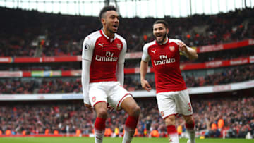 LONDON, ENGLAND - MARCH 11: Pierre-Emerick Aubameyang of Arsenal celebrates scoring the 2nd Arsenal goal with Sead Kolasinac of Arsenal during the Premier League match between Arsenal and Watford at Emirates Stadium on March 11, 2018 in London, England. (Photo by Julian Finney/Getty Images)