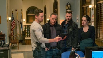 CHICAGO P.D. -- "What Could Have Been" Episode 619 -- Pictured: (l-r) Jesse Lee Soffer as Jay Halstead, Jason Beghe as Hank Voight, Patrick John Flueger as Adam Ruzek, Marina Squerciati as Kim Burgess -- (Photo by: Matt Dinerstein)