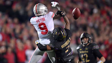 EVANSTON, ILLINOIS - OCTOBER 18: Binjimen Victor #9 of the Ohio State Buckeyes can't make the catch first quarter against Greg Newsome II #2 of the Northwestern Wildcats at Ryan Field on October 18, 2019 in Evanston, Illinois. (Photo by Quinn Harris/Getty Images)